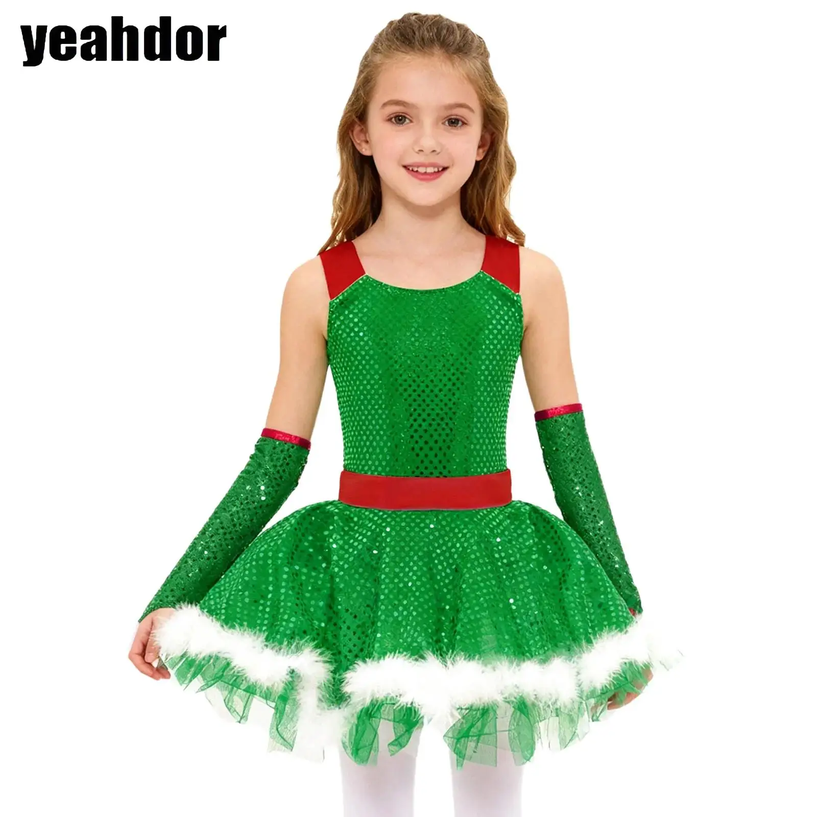 

Girls Christmas Snowman Costume Sequin Ballet Dance Dress Xmas Santa Claus Skating Tutu Faux Fur Leotard Cami Dress +Oversleeves