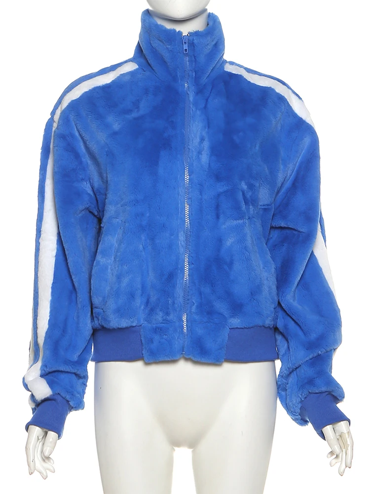 

Kliou полосатые лоскутные пушистые пальто женские зимние трендовые теплые стильные воротник-стойка с длинным рукавом уличная повседневная простая модная одежда