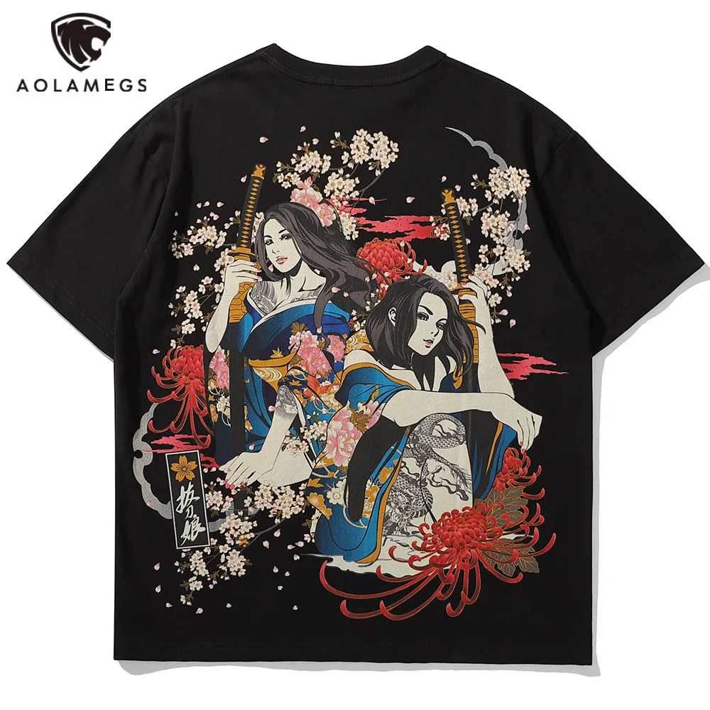 

Aolamegs Oversized Men T-shirts Flower Anime Girl Print O-Neck T-shirt Summer Hip HOP Tee Tops Cottons Fashion Loose Streetwear