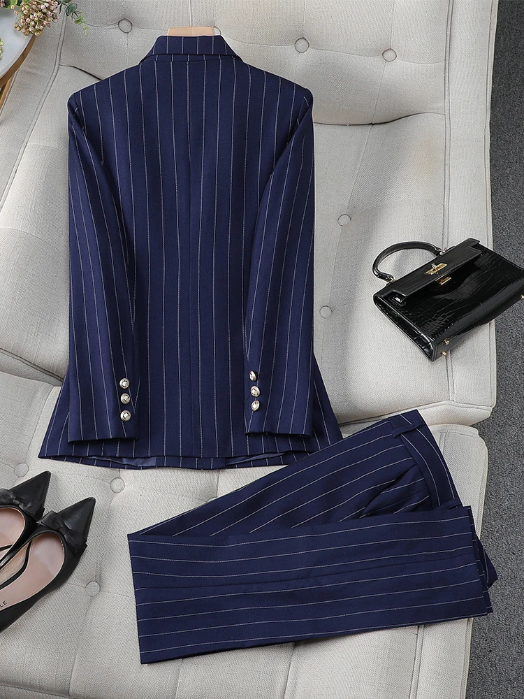 Fashion Autumn Winter Ladies Pant Suit Women Blue Striped Female Business Work Wear Jacket Blazer and Trouser Formal 2 Piece Set