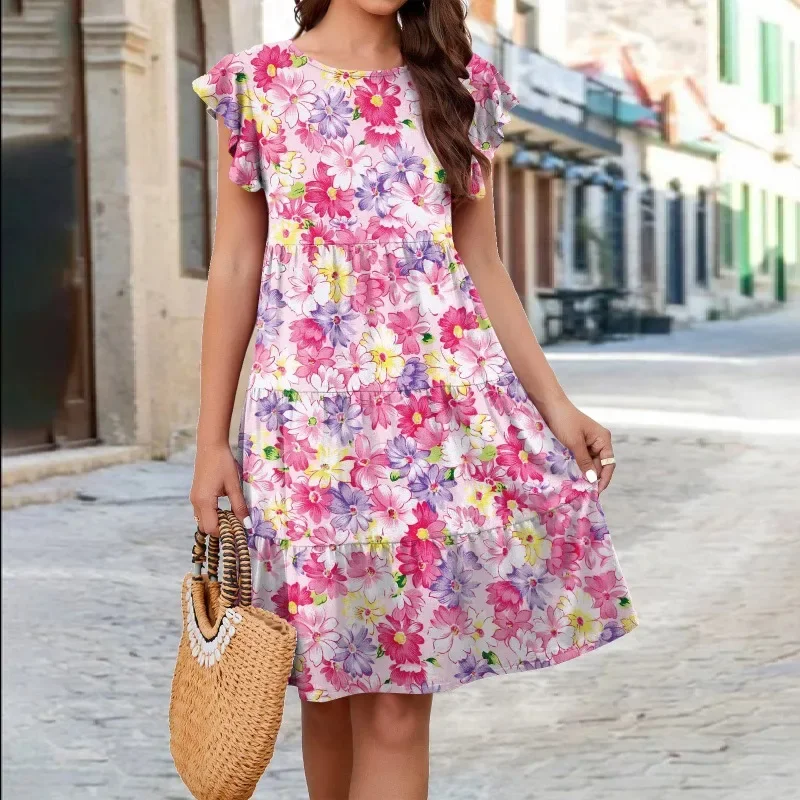 New Women\'s Knee Length Dress Knitting Printing Dresses 2024 Summer Round Neck Flower Grace Artistic Sense Versatile Midi Skirt