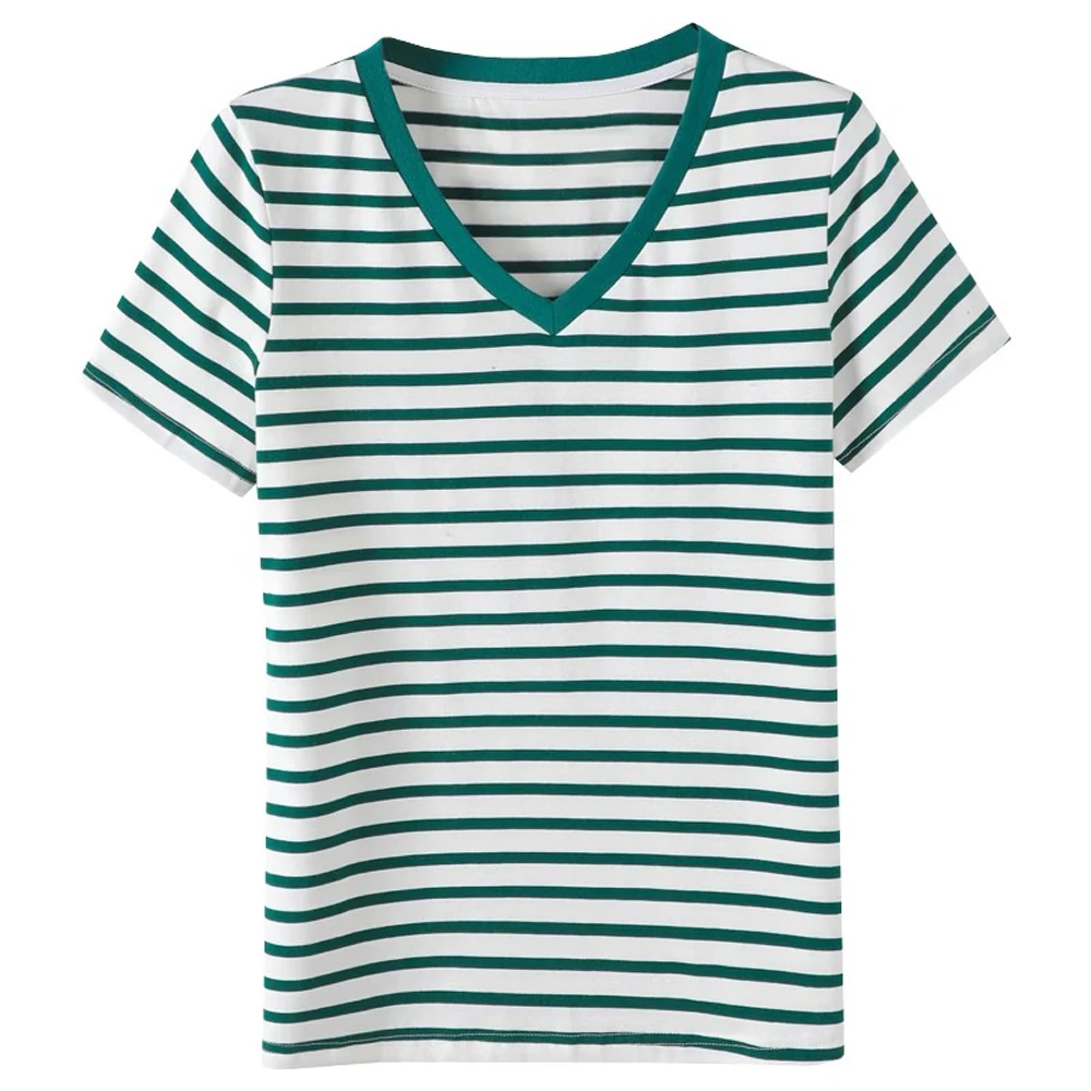 Korean version red striped pure cotton short sleeved T-shirt for women's summer new fashion casual loose V-neck half sleeved top