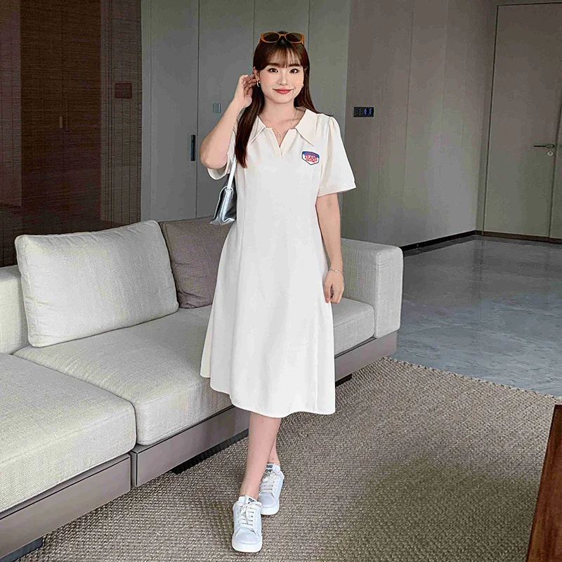 Plus size Slightly chubby oversized dress , chubby mm women's polo collar, age reducing, belly covering, slimming skirt 3267