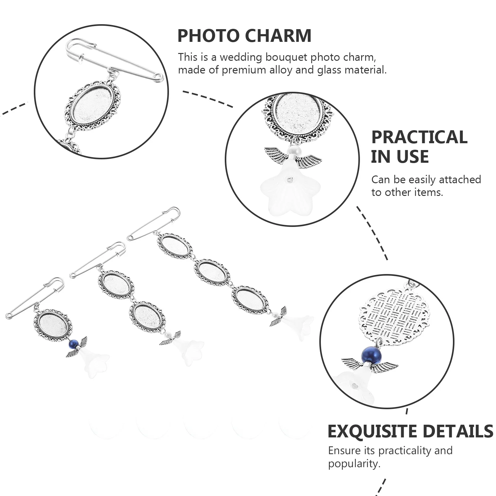 จี้กรอบรูป 3 ชิ้น สำหรับตกแต่งช่อดอกไม้งานแต่งงาน กรอบรูปที่ระลึก จี้ตกแต่งสำหรับทำเครื่องประดับ DIY ทำจากแก้วและโลหะผสม