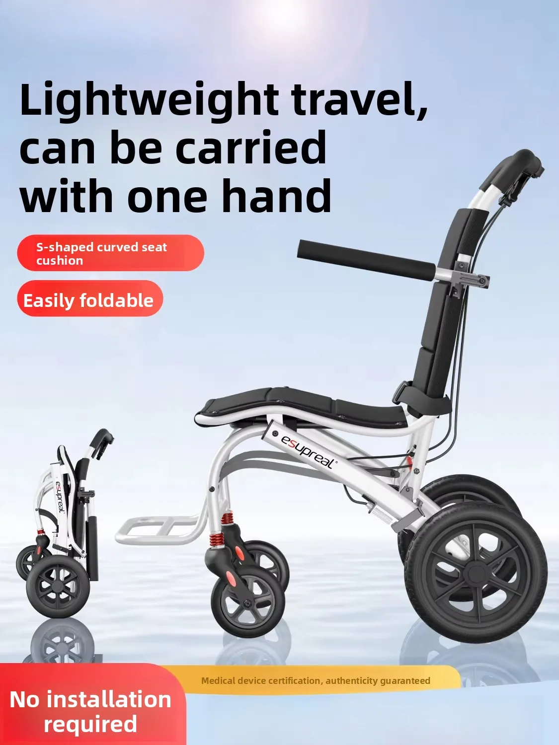 Leichter, faltbarer Rollstuhl, tragbarer Reisekinderwagen für Senioren.
