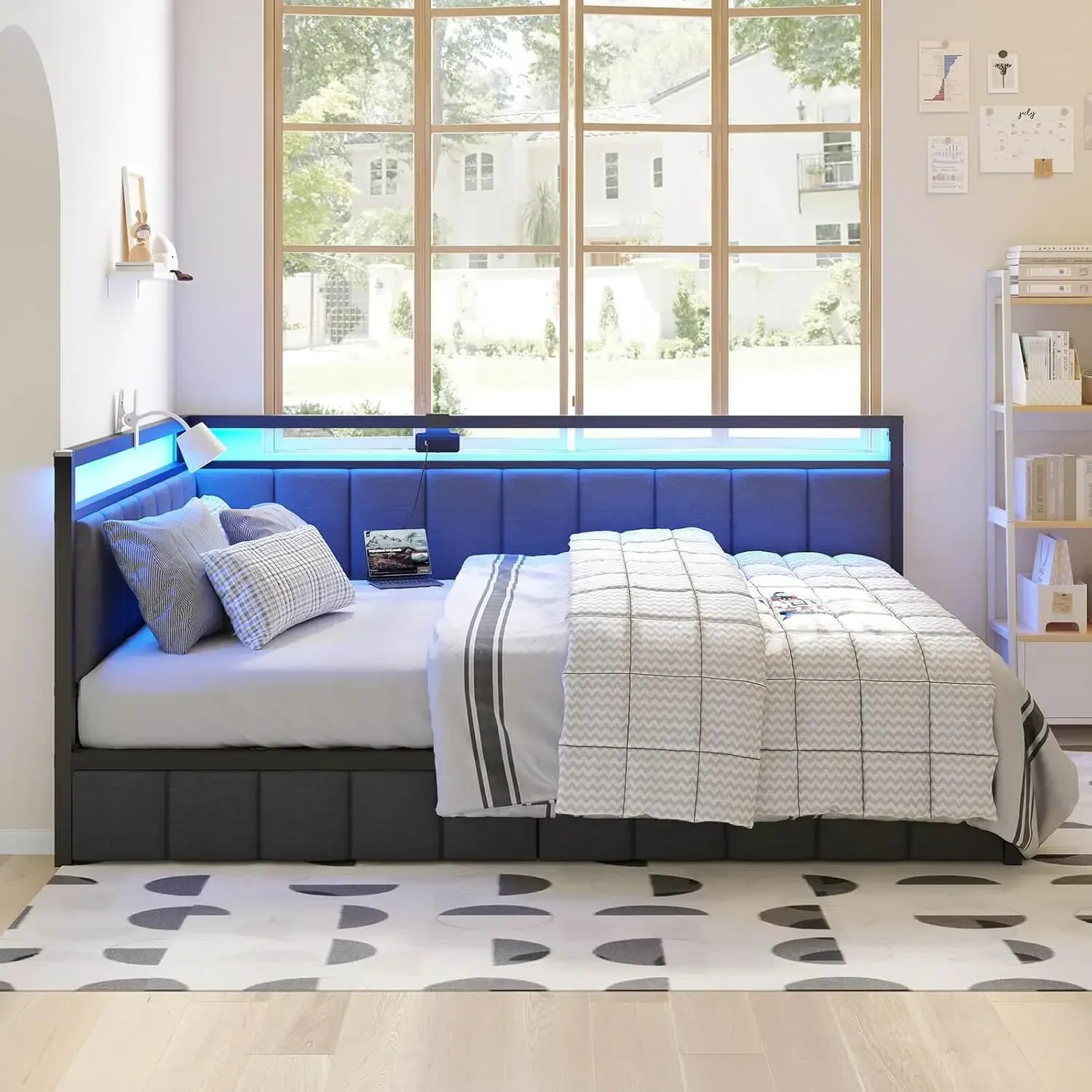 

Corner Bed Frame with Storage Drawers, Full Daybed with Line Fabric Upholstered Fence, Kids Bed Unit with LED Light and Charging