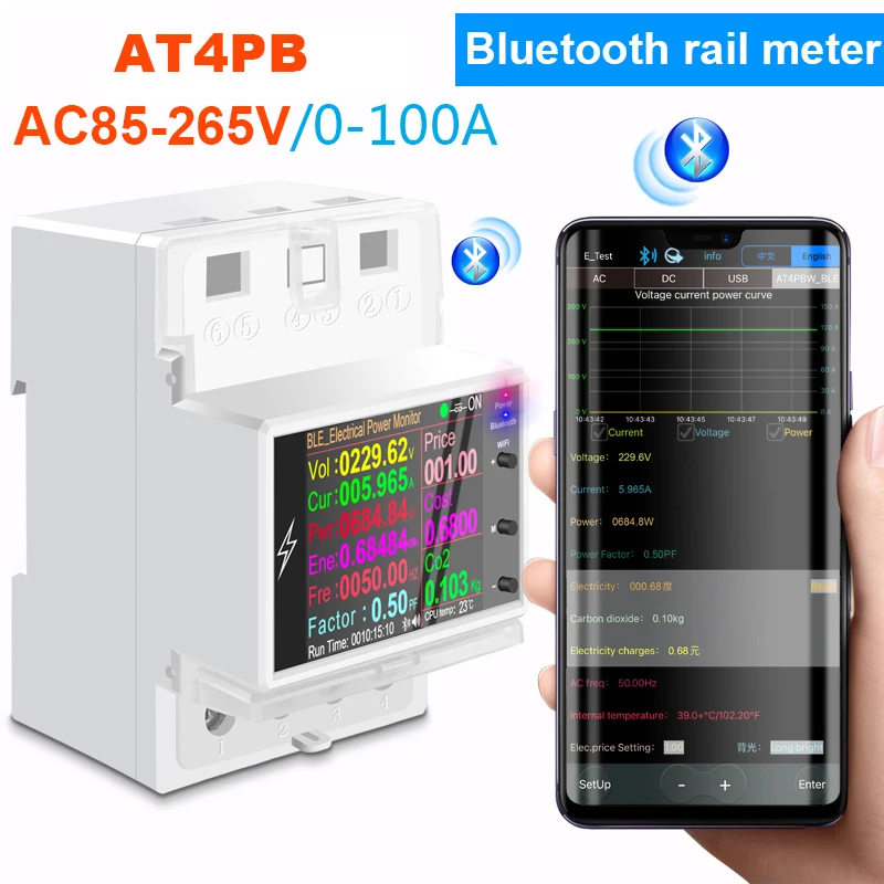 

Wifi/Bluetooth Din Rail AC Monitor 110V/220V 100A Voltage Current Power Factor KWH Electric Energy Frequency Meter VOLT AMP