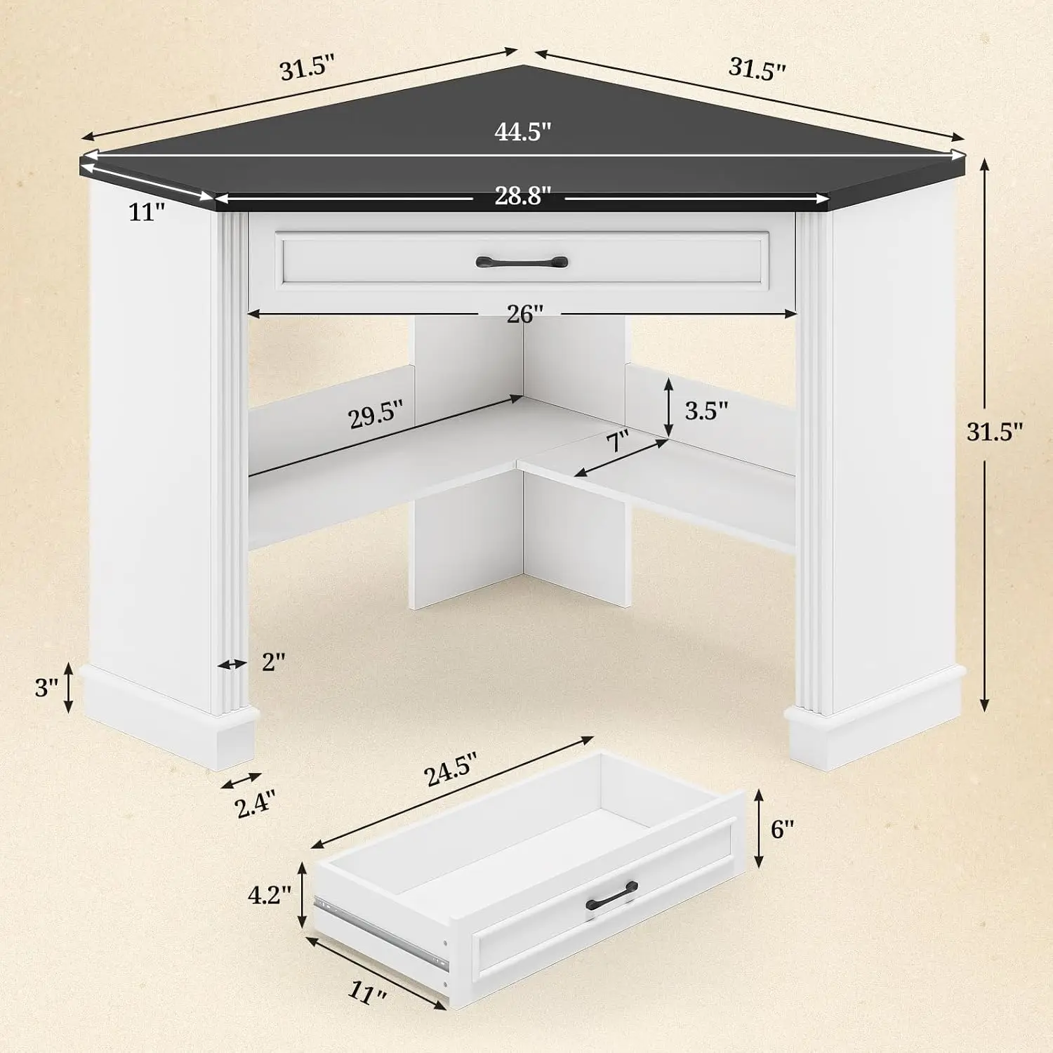 Farmhouse Corner Computer Desk For Small Space, White, Customized