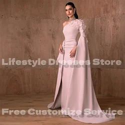 Customized 3D Floral Long Sleeve Vintage Evening Dress Ruched Pleated Elegant Women Formal Occasion Prom Dress Party Gown