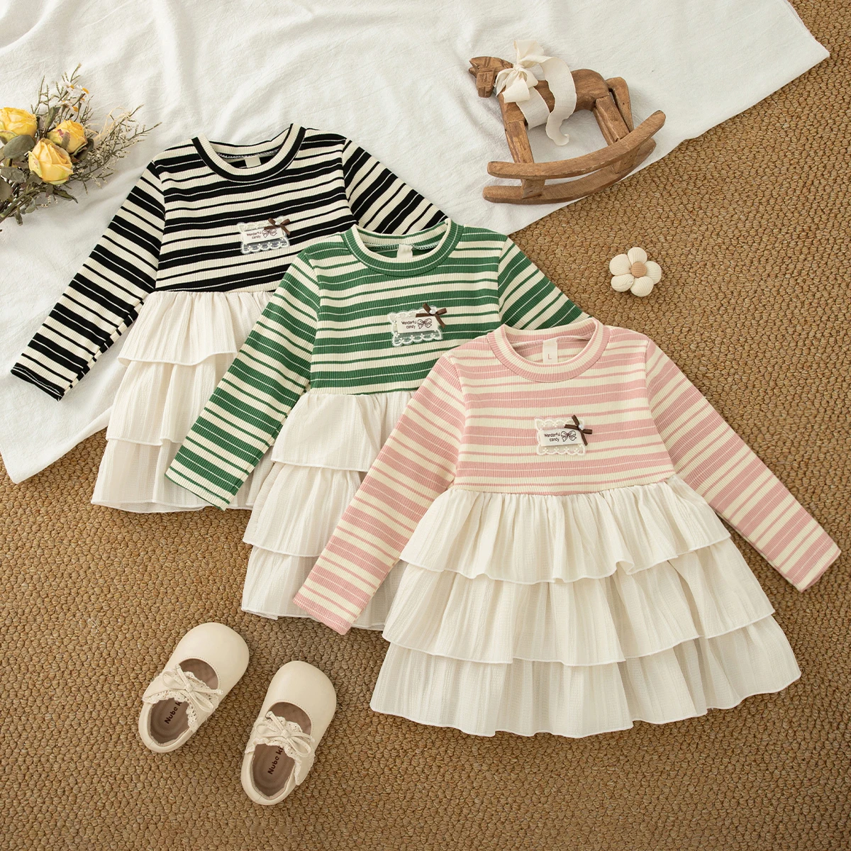 Newborn Baby Girl Long Sleeved Dress Autumn/Winter New Casual Sweet Striped Fashionable Cake Dress Girls' Daily Outdoor Wear