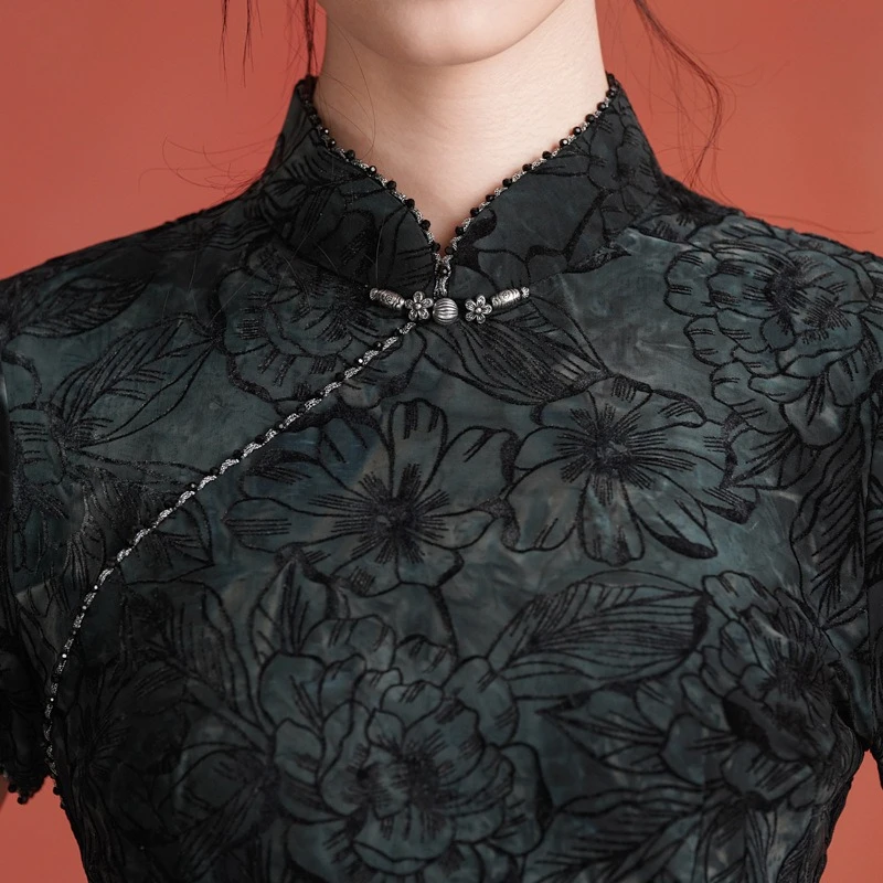 Women Traditional Chinese Qipao Black Flocking Floral Pattern Cheongsam Short Sleeve Bodycon Midi Formal Party Dress
