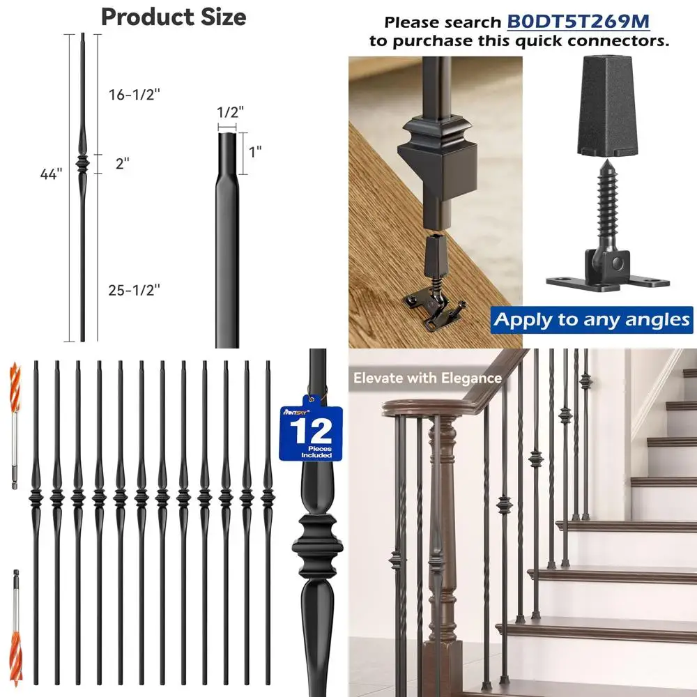 درابزين حديد مجوف أسود لدرابزين الدرج الداخلي - 12 عبوة مع 2 لقمة ثقب خشبية