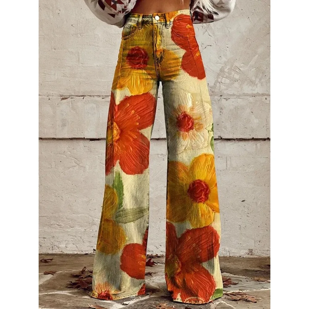 Damen Blaue Orientalische Pflaumenblüten-Druck Hose mit Hoher Taille und Weitem Bein Vintage Blumenmuster Y2K Ästhetik Lose Hose Retro Streetwear – Detail 3