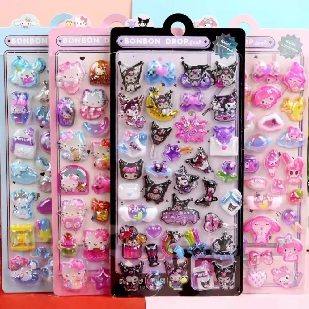 Personnages de dessins animés Sanrio Kuromi 3D autocollants lumineux en relief tridimensionnels autocollants de jouets créatifs mignons pour enfants en gros