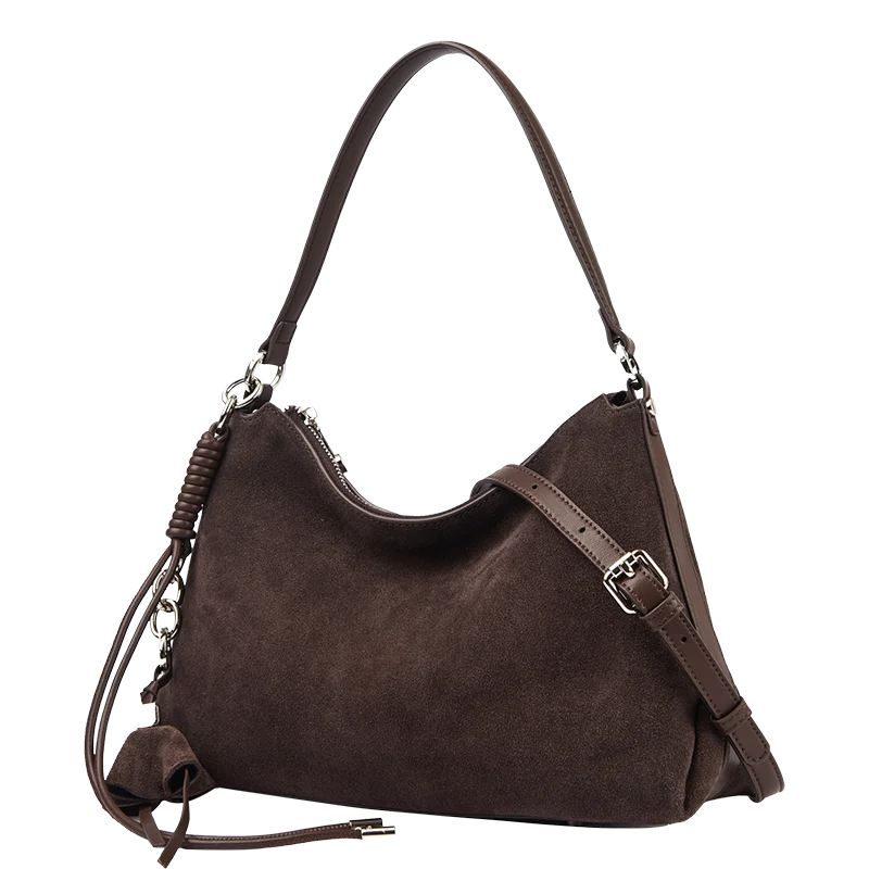 100% Echtes Wildleder Damen Schulter-Umhängetaschen Retro Echtleder Handtasche Designer Große Kapazität Pendler-Handtaschen – Detail 33