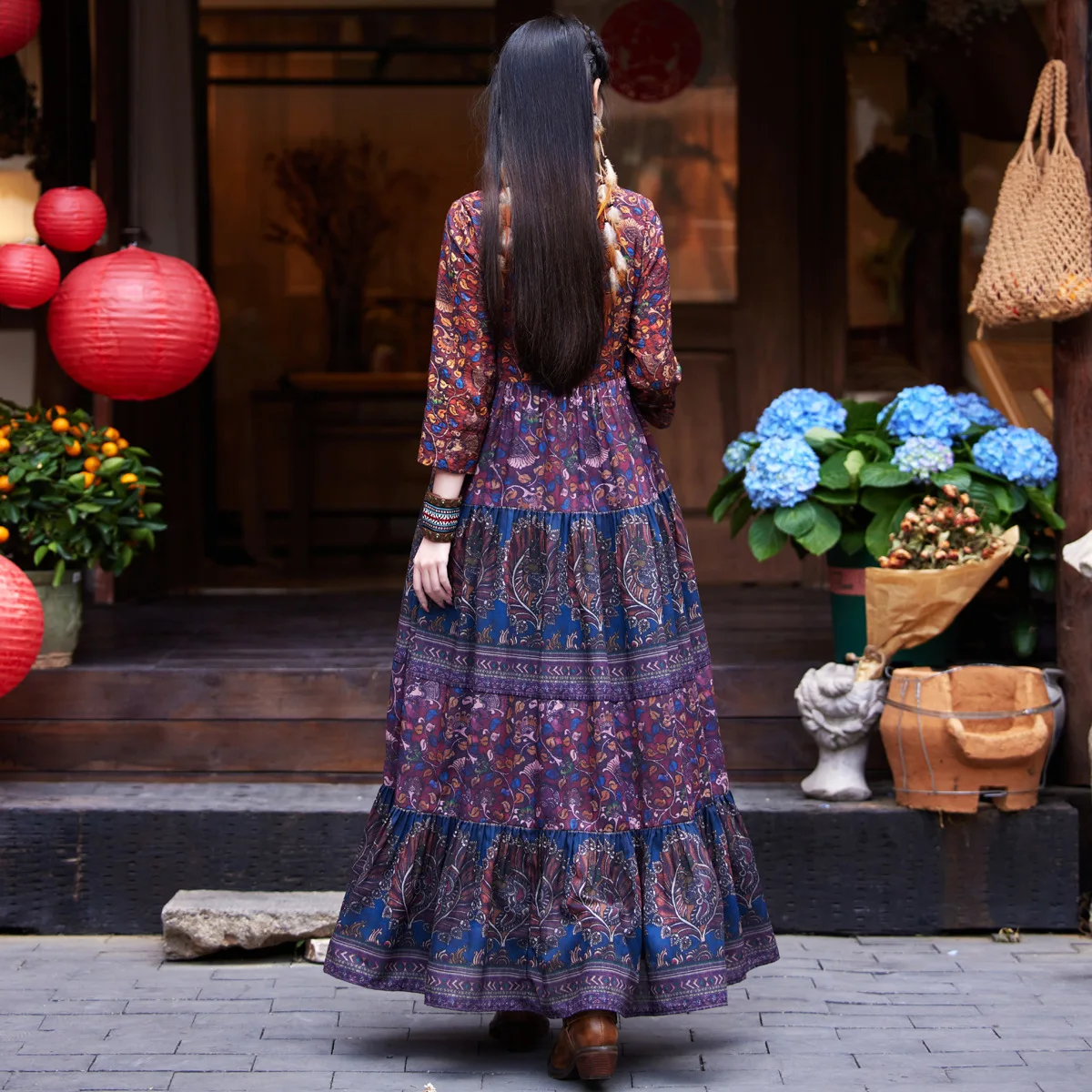 TIYIHAILEY-Women's V Neck 3/4 Sleeve Printed Dress, Vintage, Long, Mid-Calf, Chinese Style, New, 2025 Loose V-neck Ladies