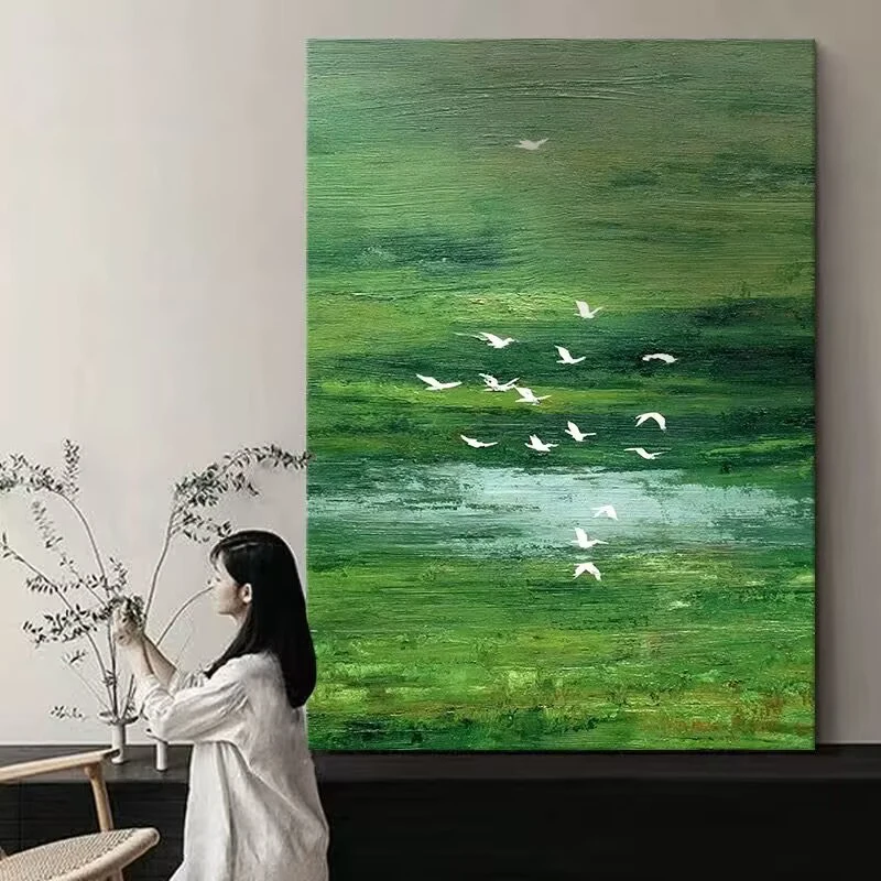 

Green Field Style Flying Bird Wall Poster Pure Handmade Acrylic Oil Painting On Canvas For Home Decor Mural For Living Room Porc