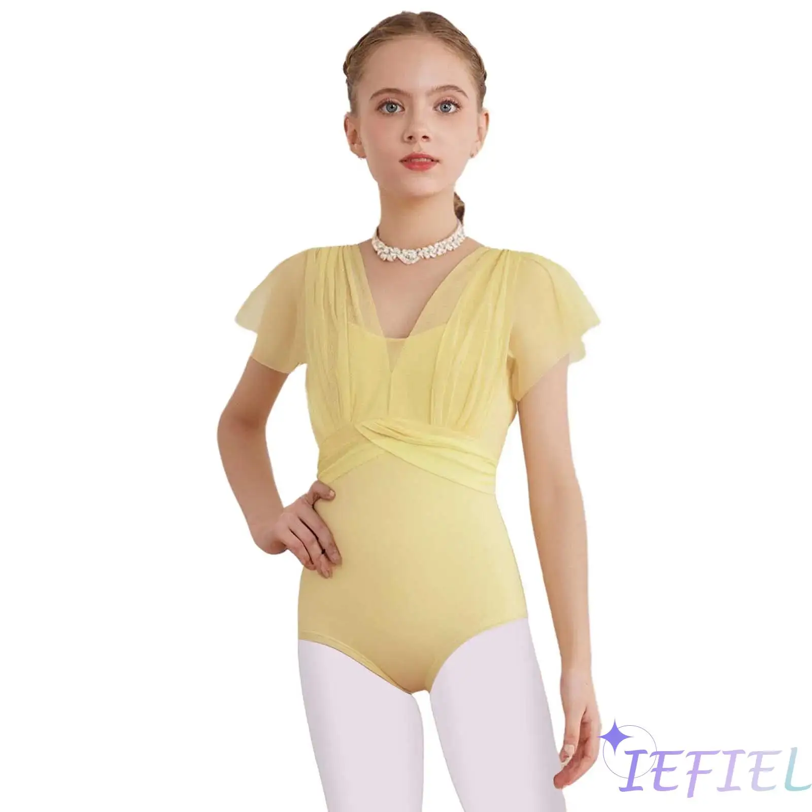 

Girls Professional Ballet Yoga Dance Costume Ruffled Sleeves Ruched Sheer Mesh Overlay Bodice Ballet Leotard Ballet Dancewear