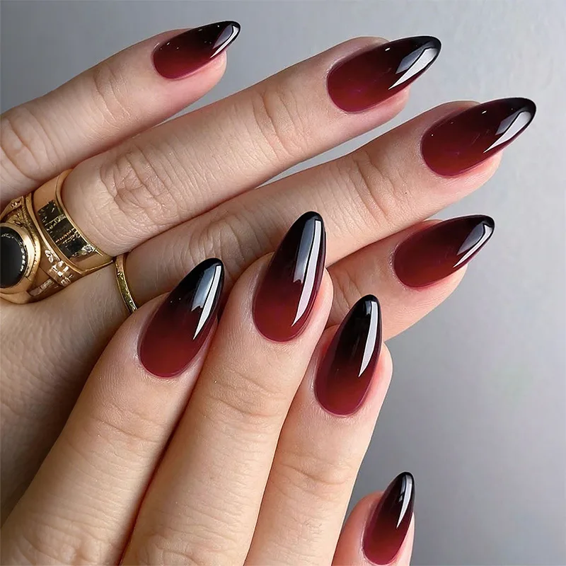 

24PCS Simple Red Gradient French Press on Nails Pure Color Ins Almond False Nails for Women Artificial Detachable Nail Manicure