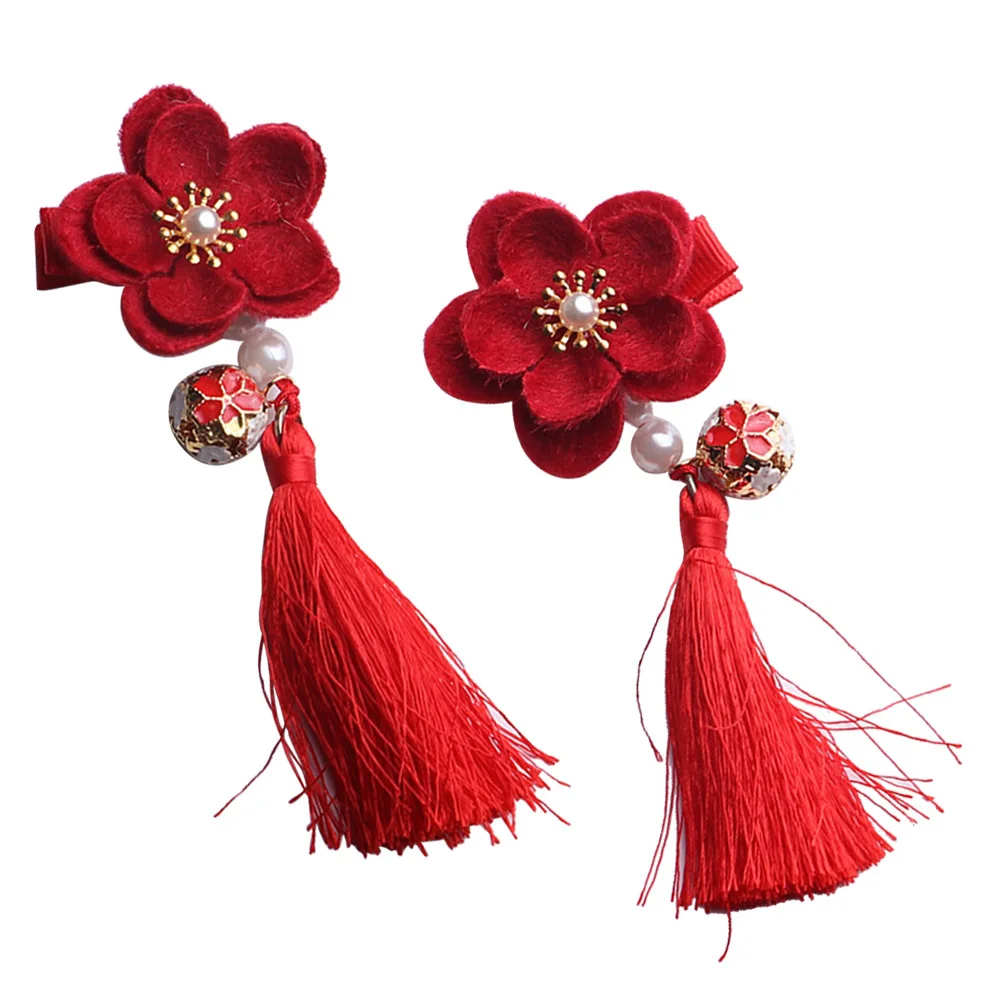

1 Pair Kids Cloth Flower Bell Duckbill Hair Clips Tassel Design Chinese Style For Girls Daily Wear Red Hair Accessories