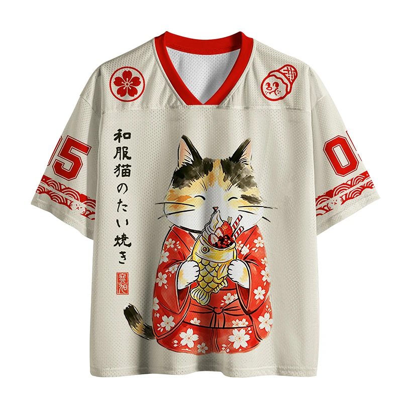 T-shirt en maille à col en V, motif chat kimono mignon, Taiyaki, Sakura, vague, Hanzi japonais, imprimé Harajuku, robe de rue, pour adultes et enfants
