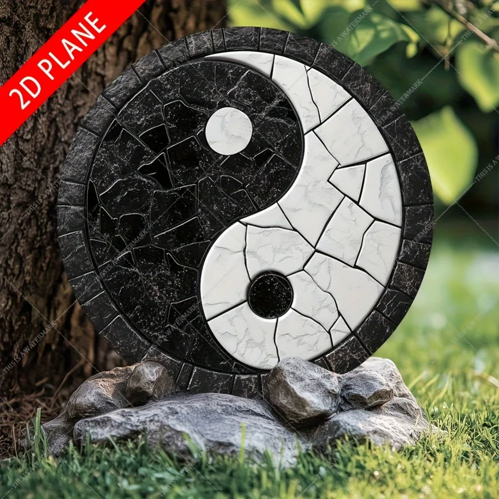 Yin Yang 2D Plane High Definition Metal Wall Art Black and White Marble Texture Cracked Stone Effect Feng Shui Zen Balance Harmo