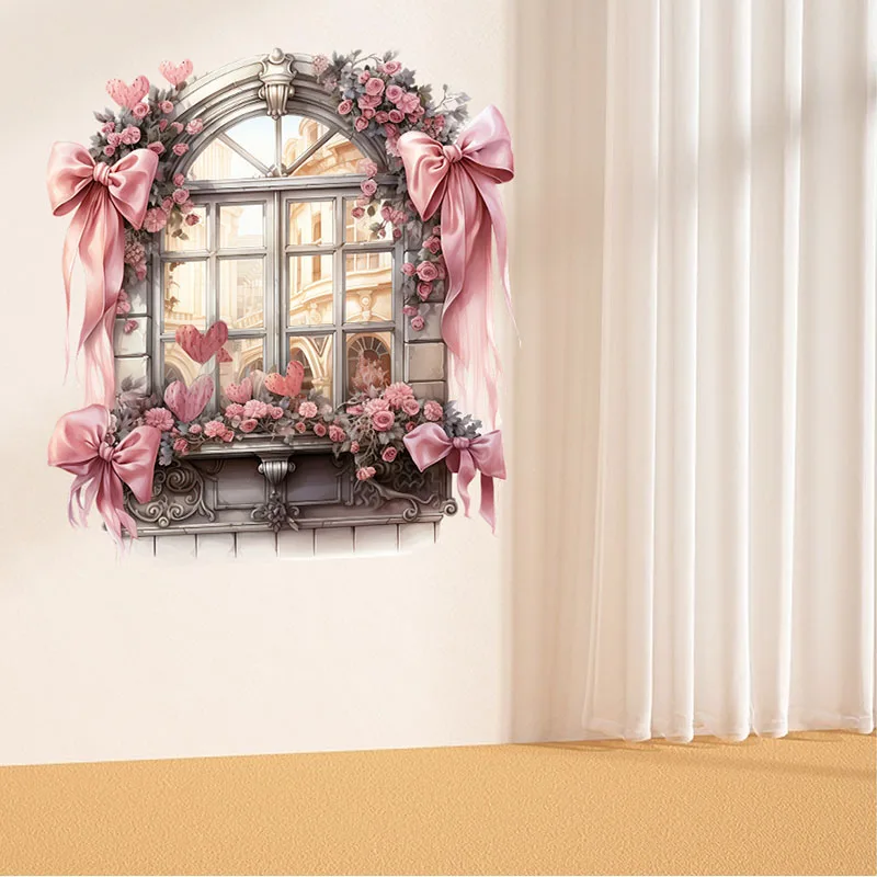 Pink Dream Castle Fake Window Series Sticker Bedroom and Living Room Decoration Self Adhesive Painting