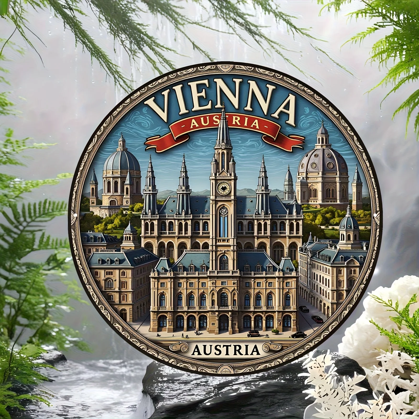 This Is a Round Aluminum Sign with a Diameter of 20 Centimeters (7.9 Inches), Showcasing The Cityscape of Vienna, Austria. This