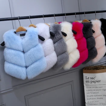 High quality!Girls Faux Fox Fur Vest Candy Colors Children's Winter Coats Kids Faux Fur Outwears Smooth Fox Fur Jacket