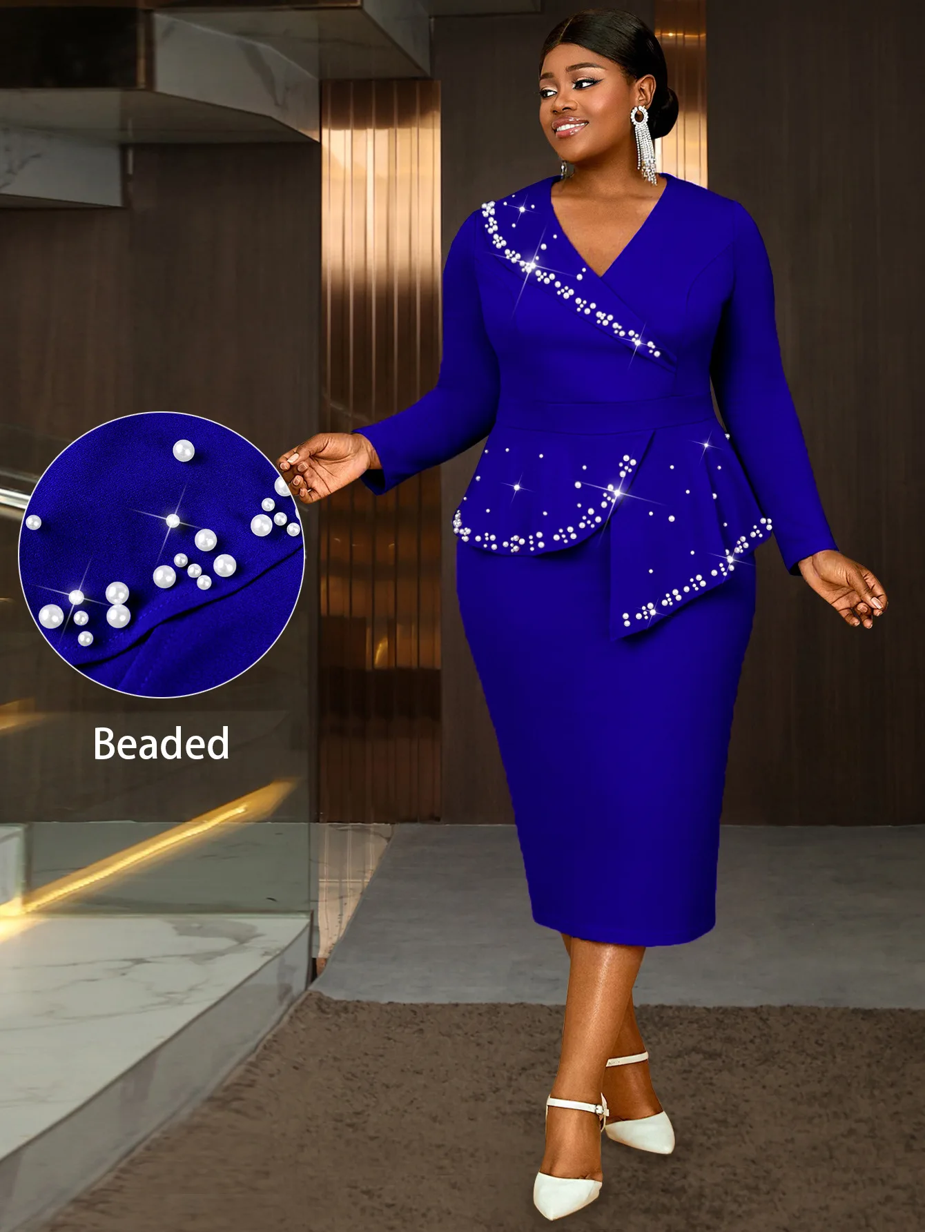Übergröße Damenkleid in Lila mit V-Ausschnitt, Langen Ärmeln, Rüschen und Strass, Elegantes Abendkleid Vestidos De Mujer – Detail 15