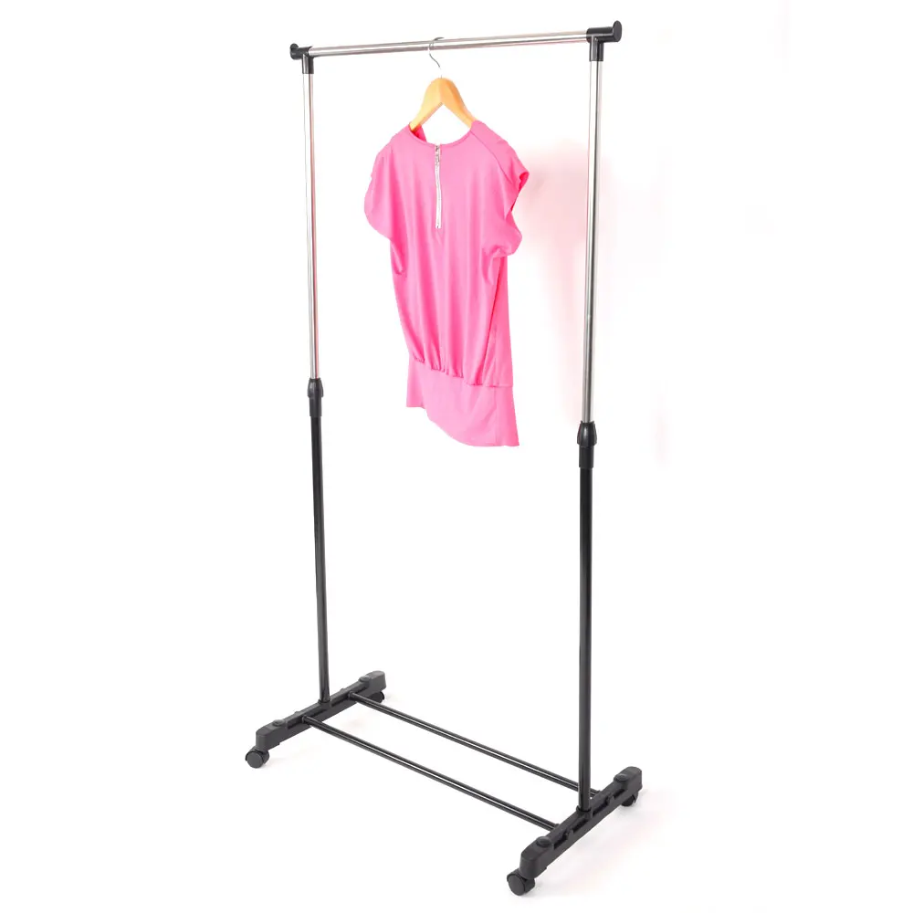 Single-bar Vertical & Horizontal Stretching Stand Clothes Rack With Shoe Shelf  Black & Silver Outdoor Furniture