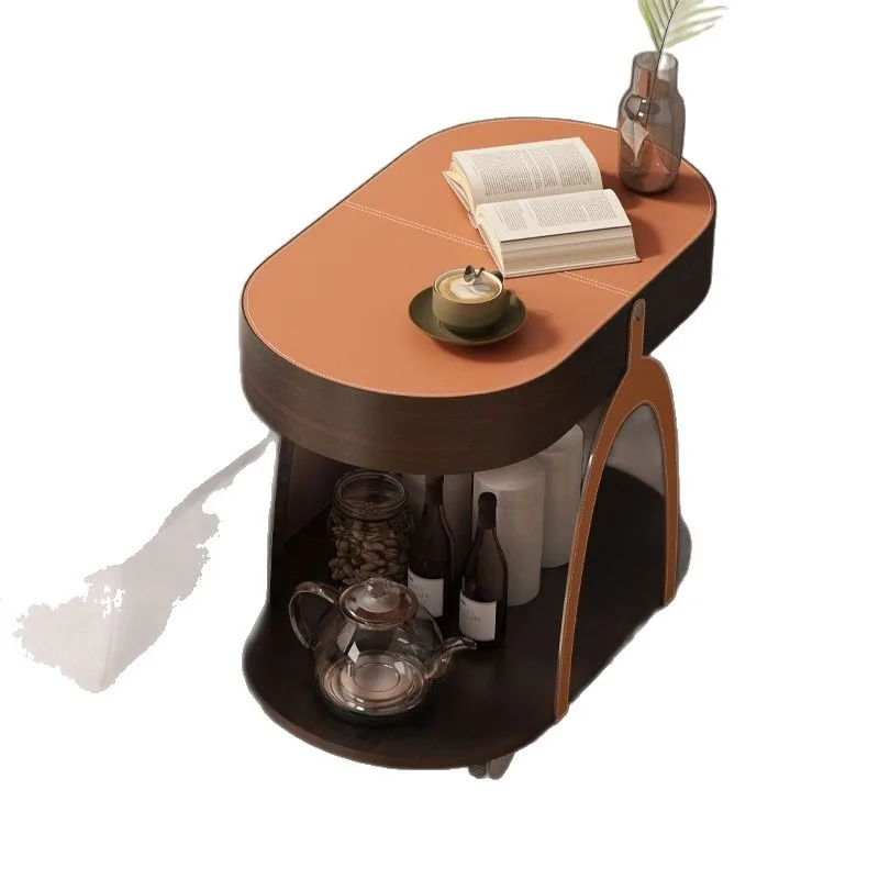 Italian saddle leather edge table, trolley movable household retro Nordic Bauhaus medieval solid wood small coffee table