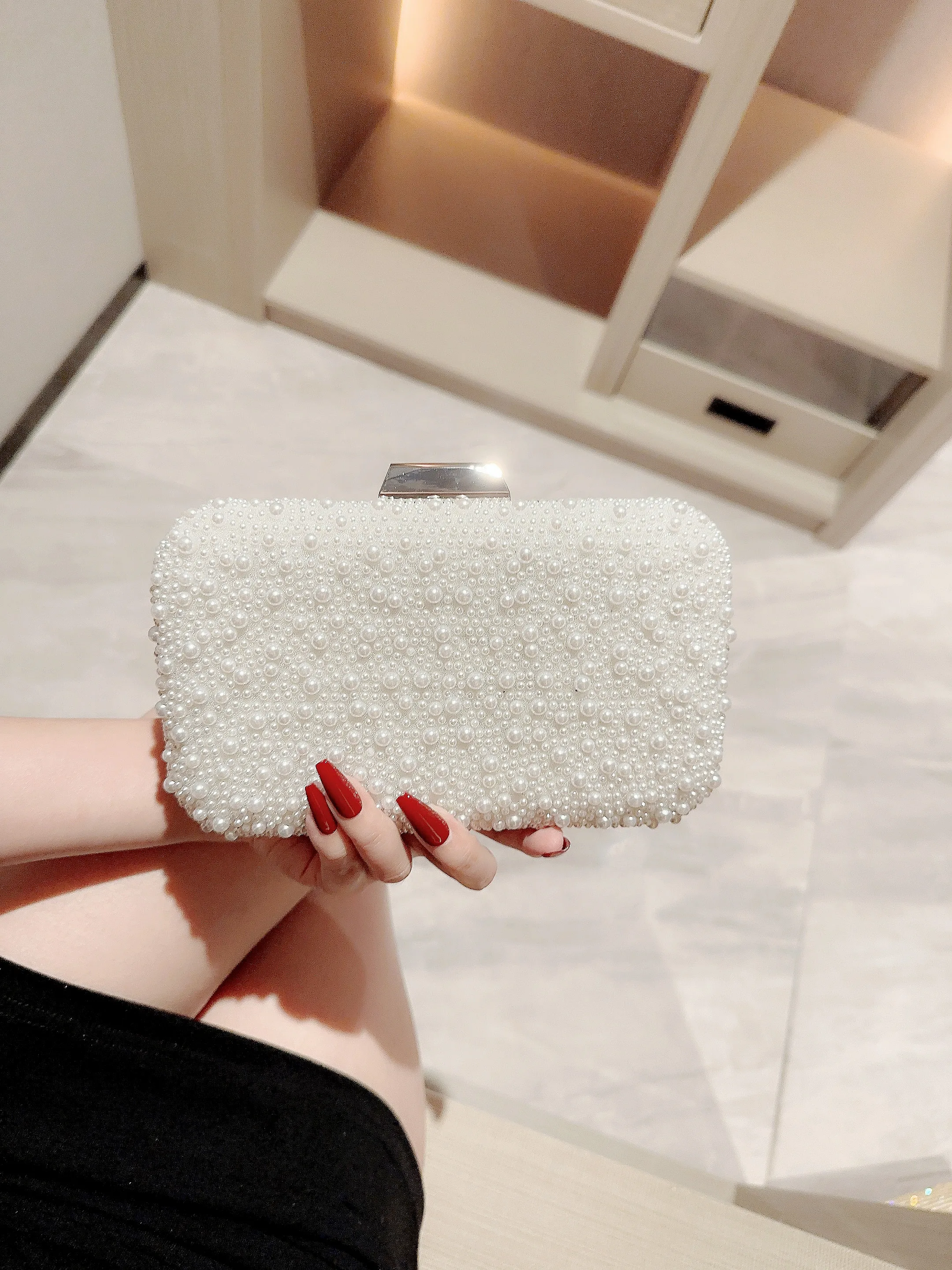 New Pearl Square Box Type Evening Bag Beaded Clutch Chain Bag Banquet Bag Evening Bag Dress Bag Wedding Bag