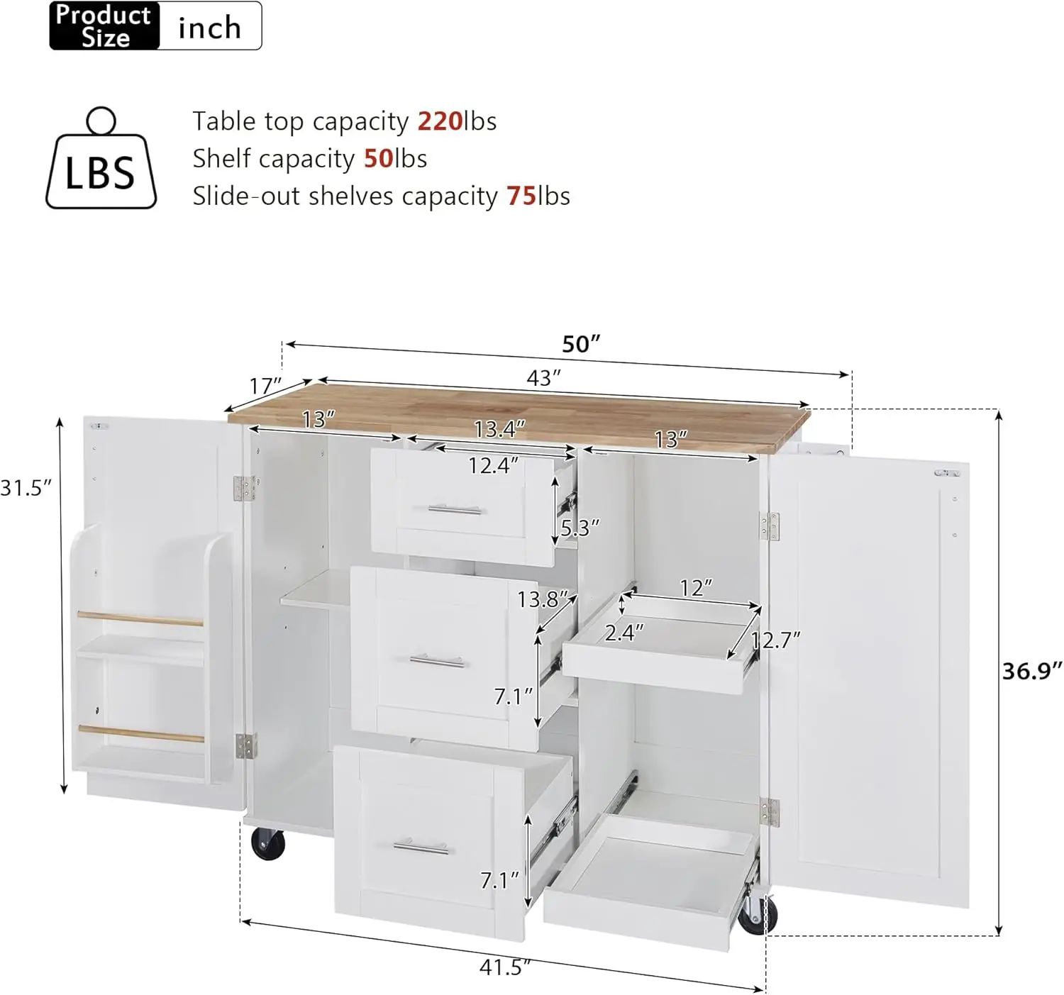 Kitchen Cart with Rubber Wood Top, Spacious Drawer with Divider and Internal Storage Rack