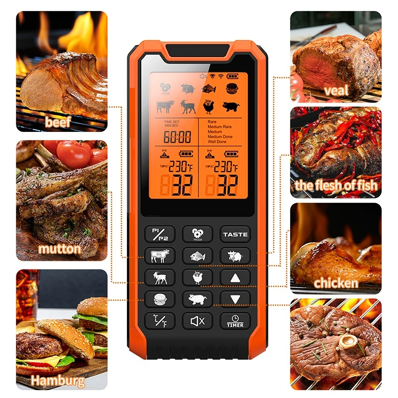 Meat thermometer, accurately measures the temperature of grilled meat, wifi mobile phone connection, multi-language switchable,