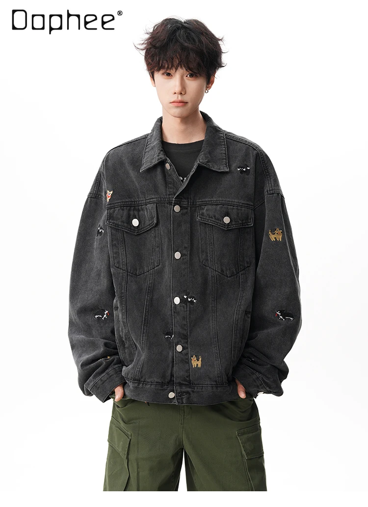 

2025 Spring and Autumn New Men's Black Cartoon Puppy Embroidered Washed Denim Jacket Retro Loose Casual Dark Gray Blue Jacket