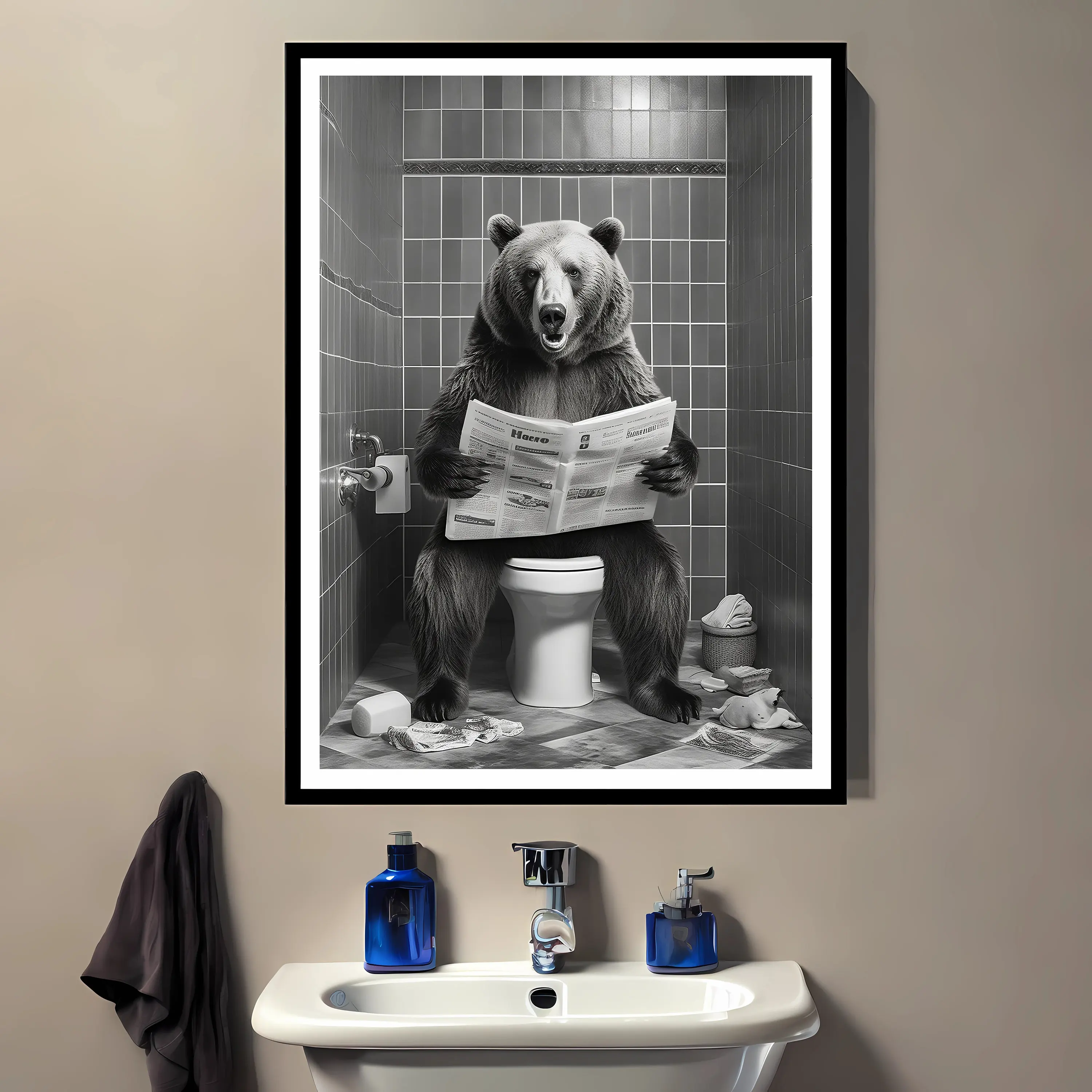 

Black And White Smart Bear Studying on the toilet Wall Art Canvas Painting Home Decor Wall Decoration Children's Gift