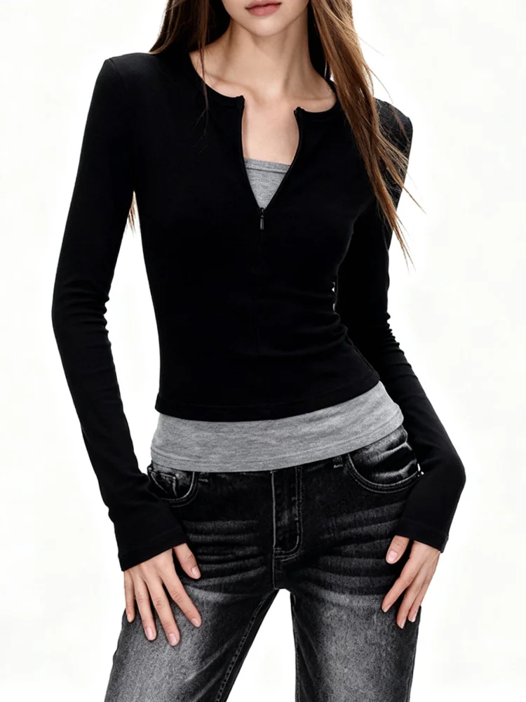 Y2K Kleidung Damen T-Shirt Neues Fake-Zweiteiler-Design mit Reißverschluss Pullover Slim Fit Langarm T-Shirt Herbst Winter 2000er Jahre Tee Top – Detail 3
