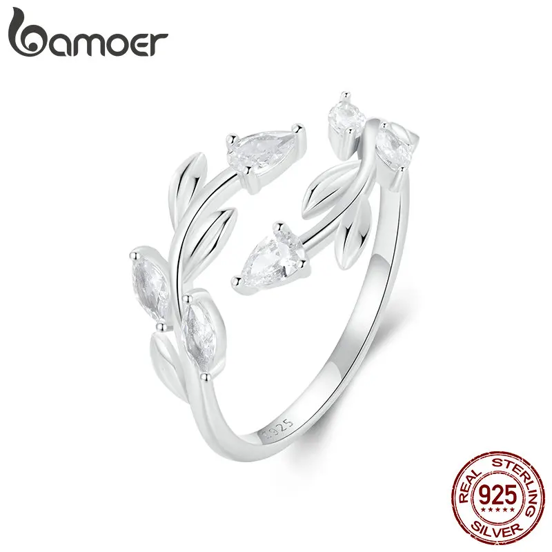 BAMOER 925 Sterling Silver Simple Leaf Adjustable Ring Lucky Leaves Statement Ring for Women Promise Ring Fashion Jewelry BSR552