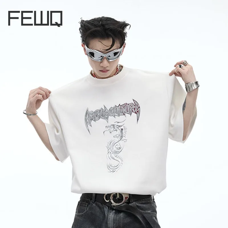 FEWQ Men T-shirt New Niche Metal Print Shoulder Pad Short Sleeved Loose Round Neck Summer 2024 Casual Male Tops 24E1007