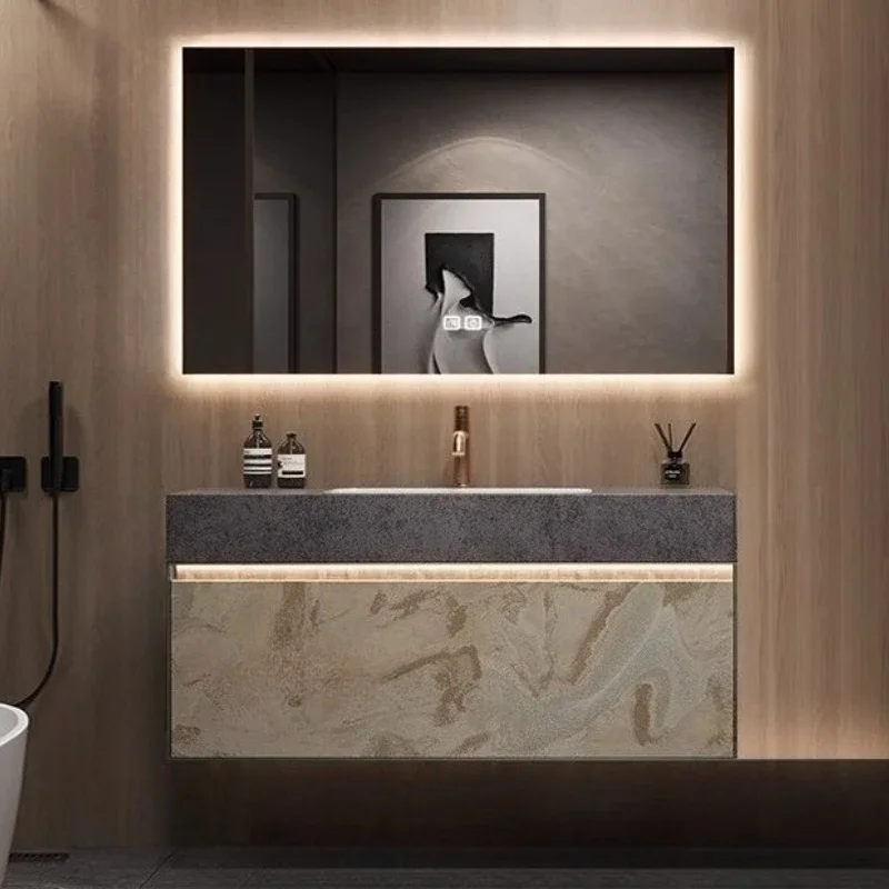 Bathroom Cabinet High End Light Luxury Rock Slab Seamless Ceramic Basin Combination Hotel Washstand Penetration Anal Furniture