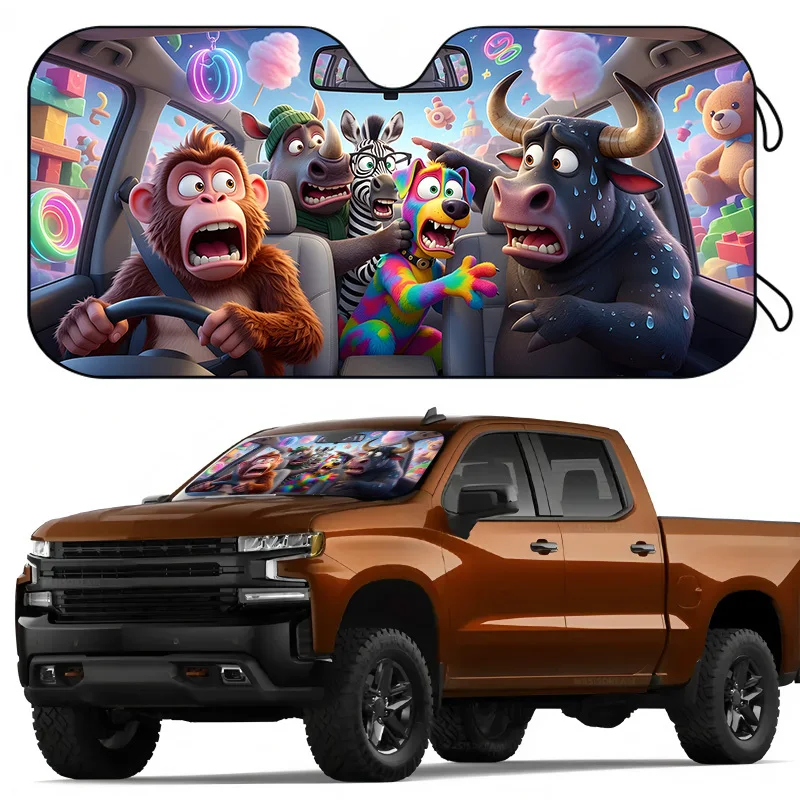 Funny cartoon animal driving pattern car front sunshade for sun protection and heat insulation