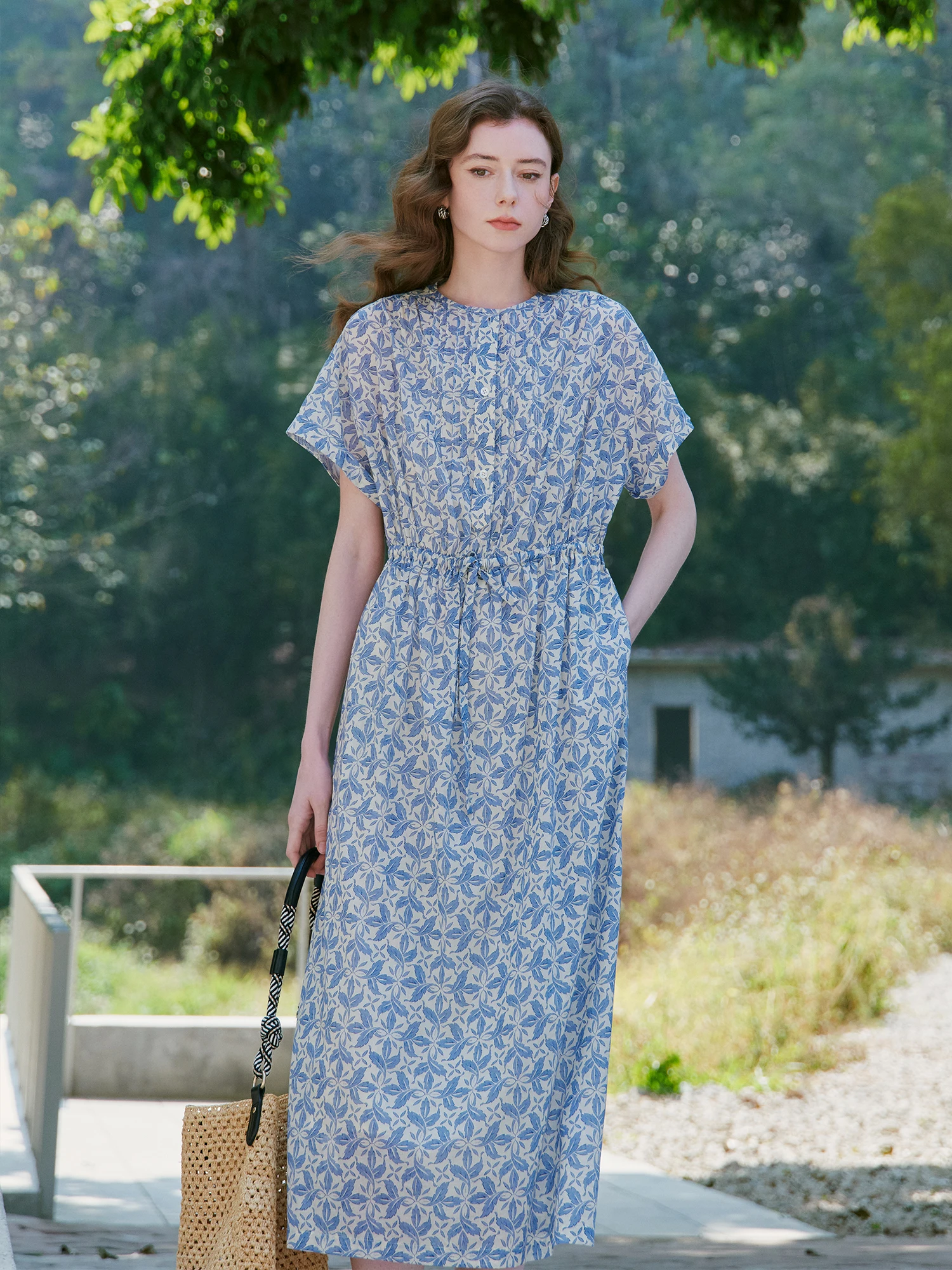 

High-Cotton Breathable Floral Print Shirt Dress French Style Loose Fit Pure Cotton Five-Quarter Sleeve round Neck Women Dress