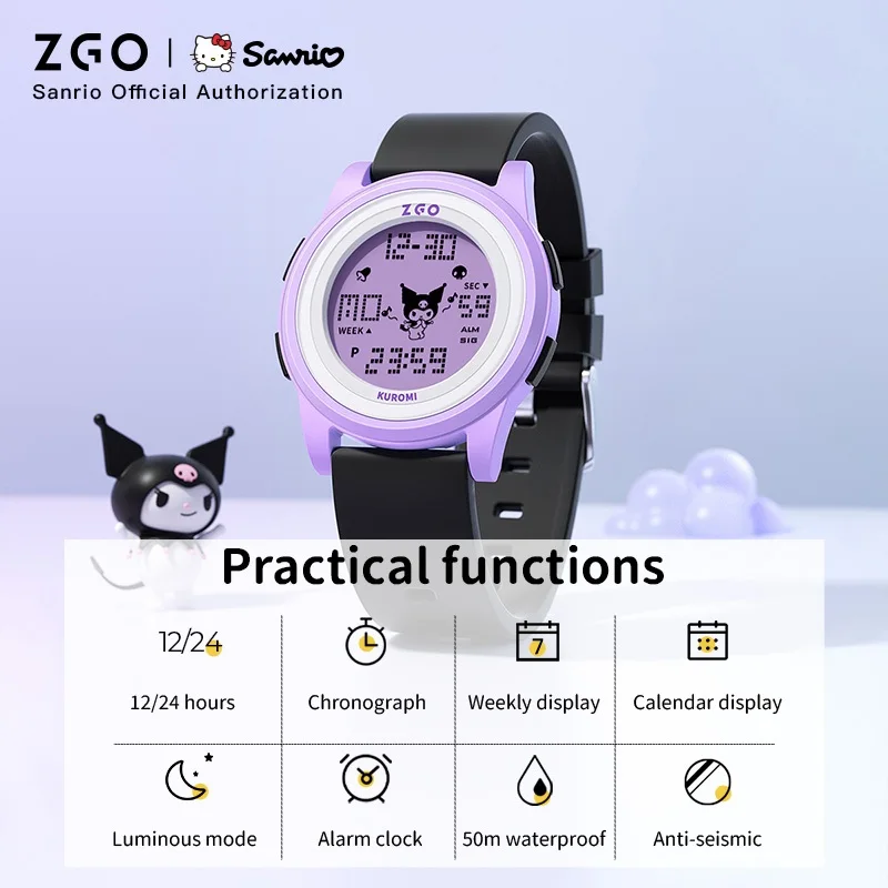 Zgo X Sanrio Kuromi Kids Watch Sports Digital Wristwatch 50M Waterproof Date Display Chronograph for Gift 8591