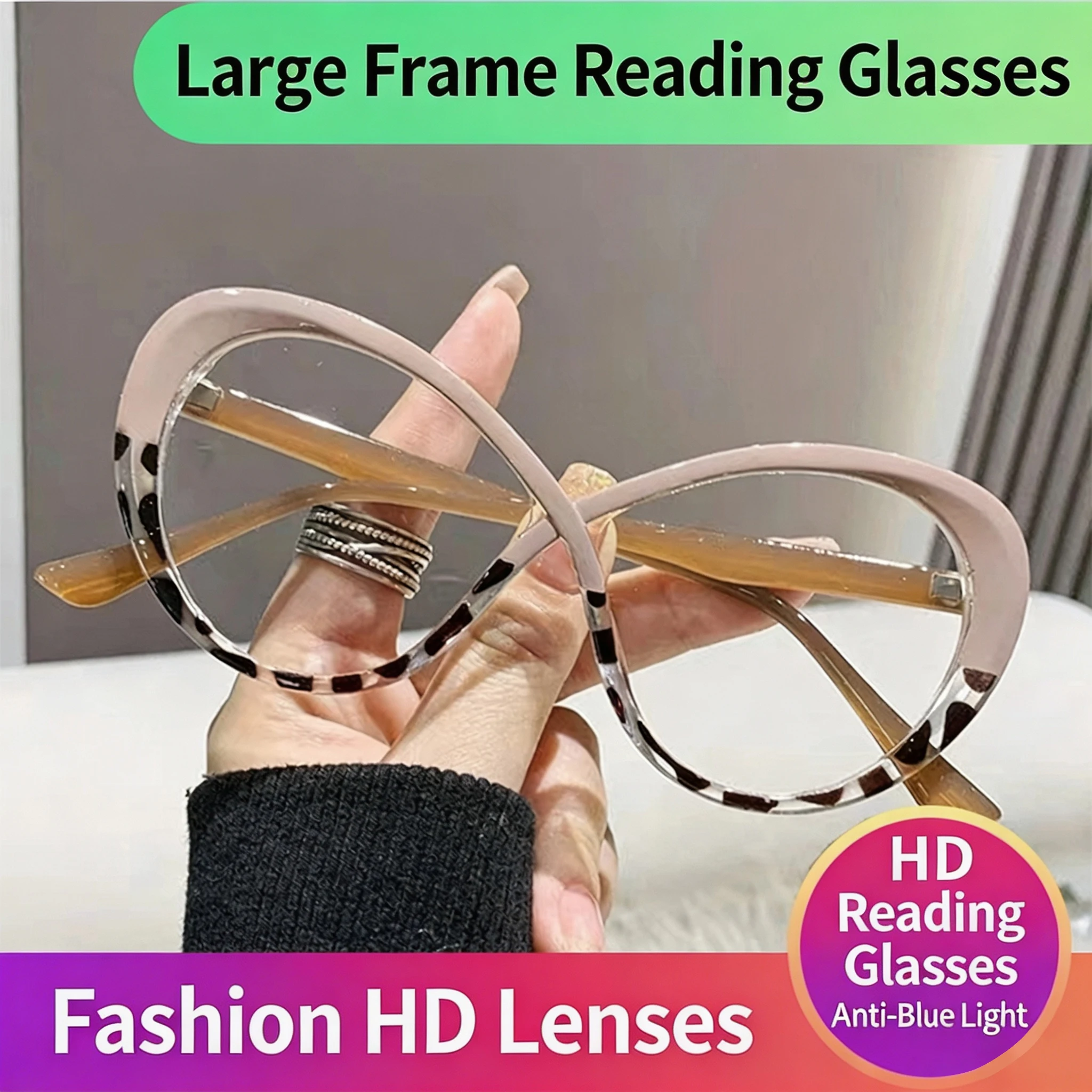 Women Anti Blue Light Reading Glasses, Fashion Large Frame Youthful Luxury Elegant Designer Presbyopic Eyeglasses