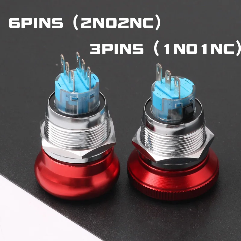 1PCS 16mm19mm22mm Metal Emergency Stop Button Switch Waterproof Mushroom Head Self-locking 3Pins 1NO1NC 6Pins 2NO2NC