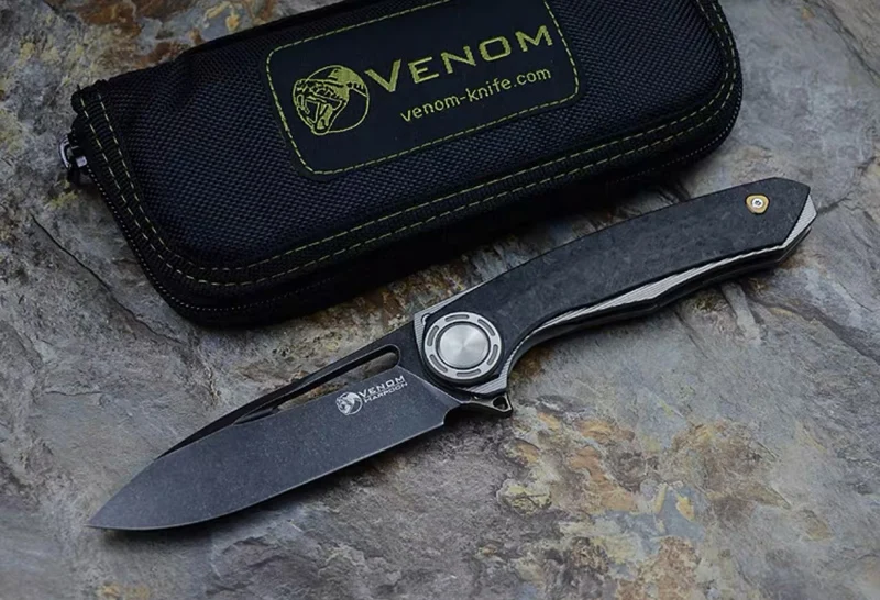 VENOM HARPOON Flipper Folding Knife M390 Blade Titanium+CF Handle Tactics Outdoor Camping Hunting Fishing Pocket Fruit EDC Tool