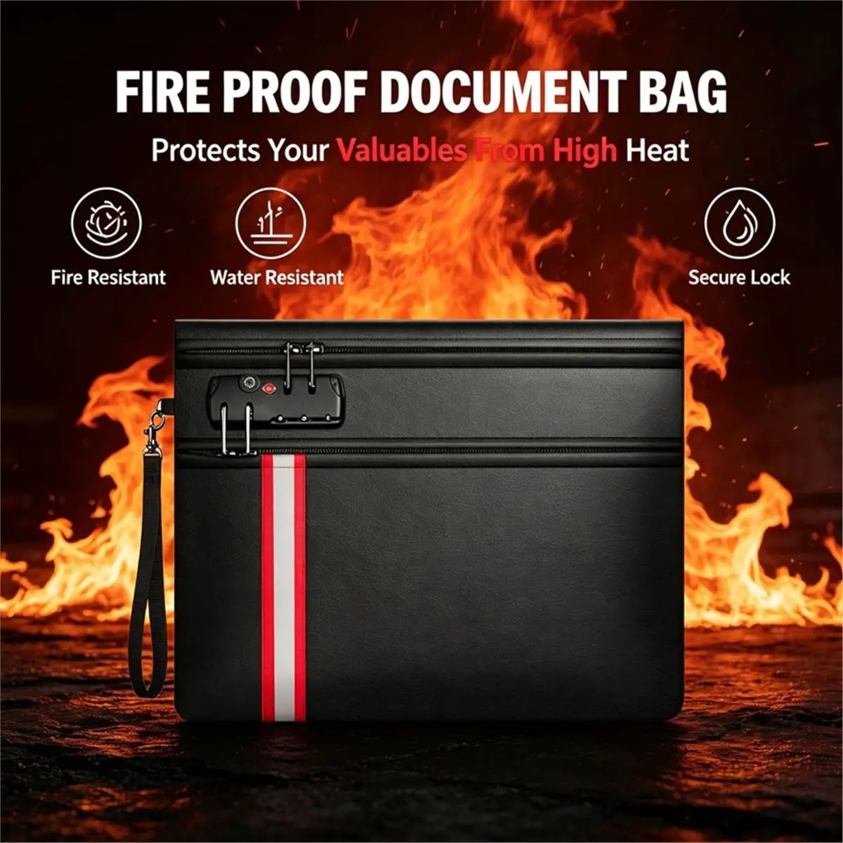 Fireproof Document Bag with Lock,6400℉ Fireproof Water Resistant Storage Bag Pouch for Documents,Passport and Cards
