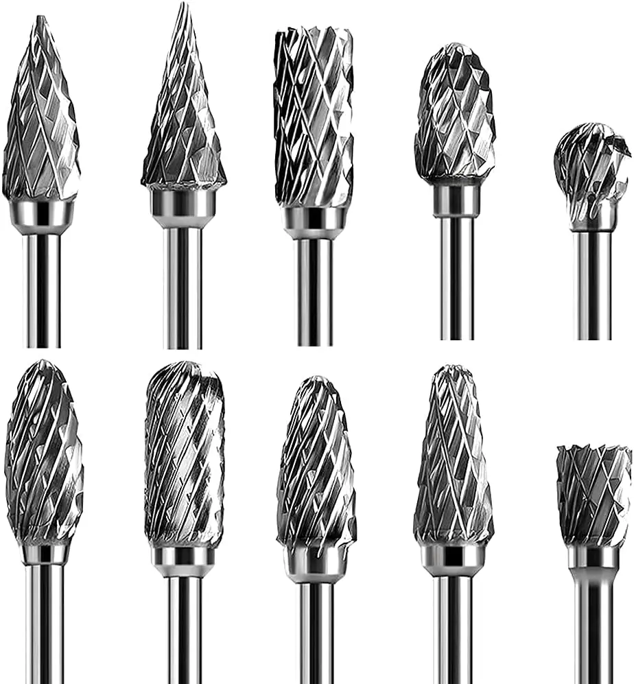 

10-Piece Tungsten Steel Rotary Burr Set, 1/8" Shank for Woodworking, Metal Carving, Drilling, Engraving