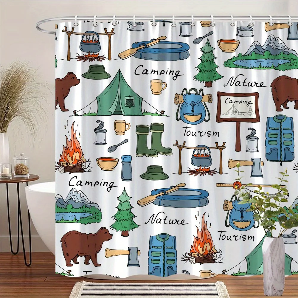 

Cartoon Camping Shower Curtain 72x72 Polyester Washable – Tent, Bear, Campfire & Gear Icons on White Background, 12 Hooks